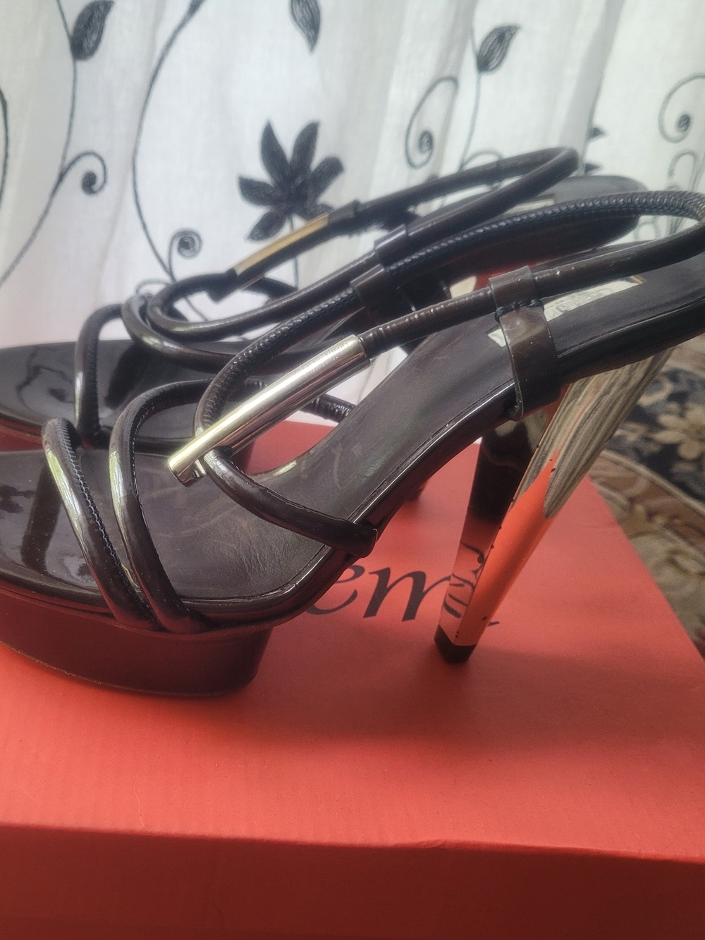 Calvin Klein Brown Strappy Heels with Golden Metallic Heel